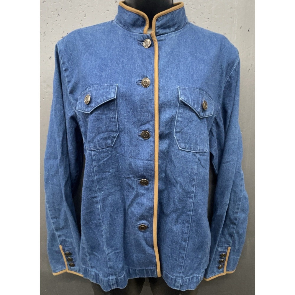 Vtg Talbots Jacket M Blue Denim Faux Leather Trim Pockets Coastal Cowgirl Chic